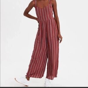 American Eagle Burnt Orange Striped Wide Leg Cropped Jumpsuit Small
